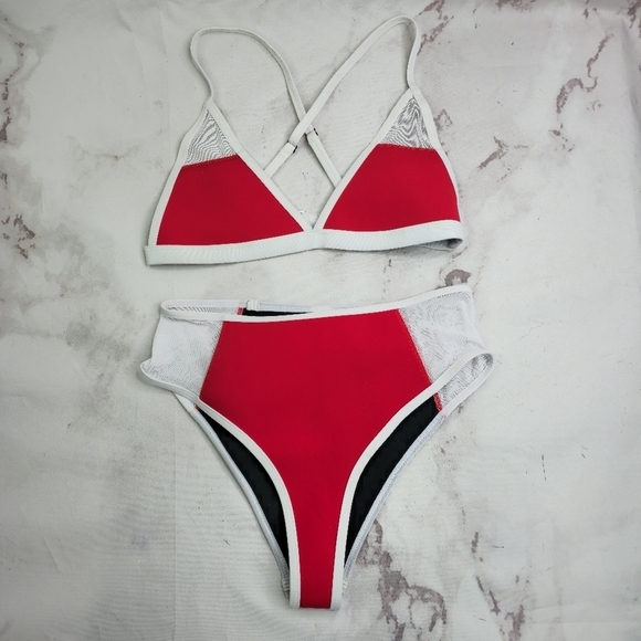 Hoaka Swim Bathing Suit Womens Medium Two Piece Bikini Neoprene Red White Mesh - Picture 1 of 16